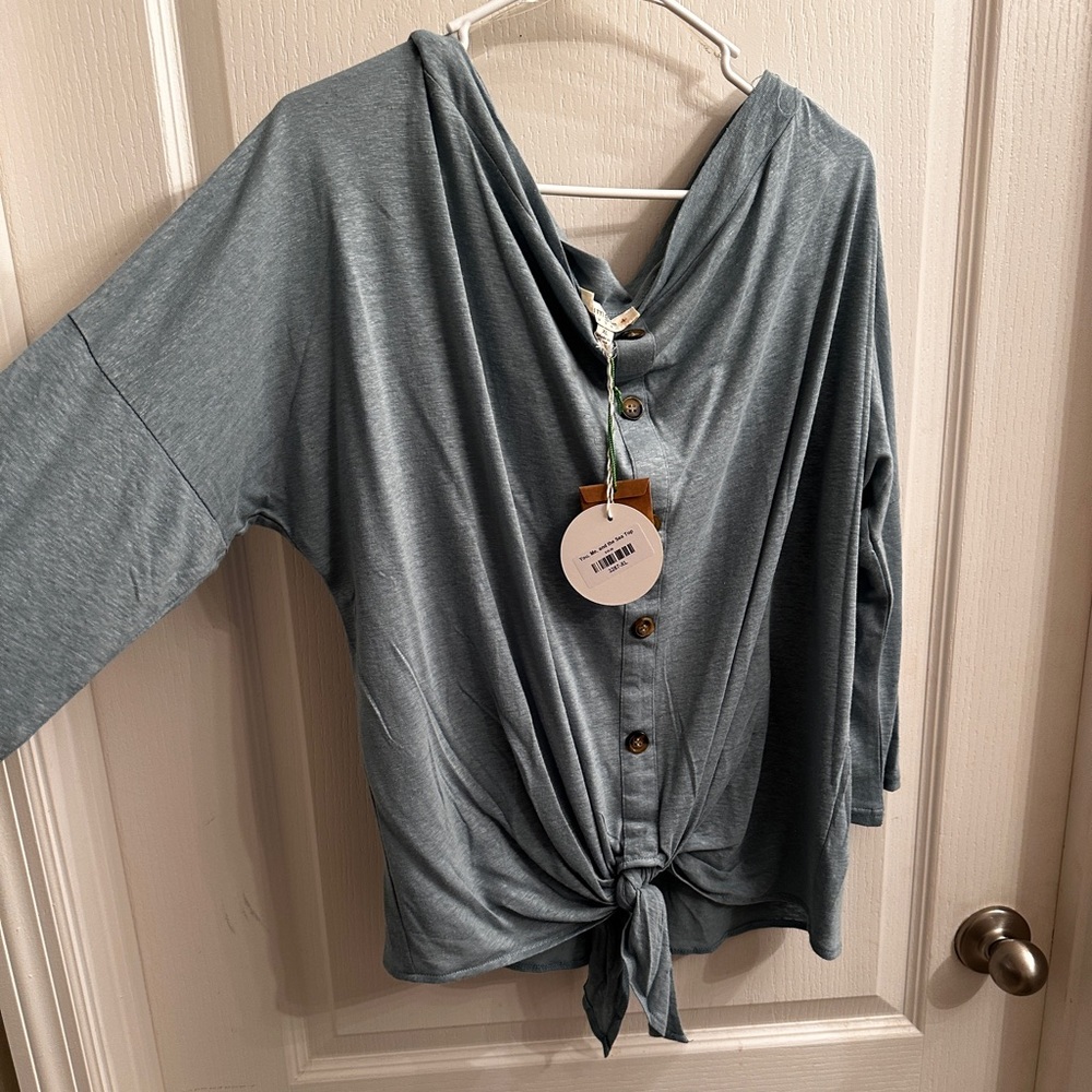Umgee Sage Green Button-Front Tie-Front Blouse